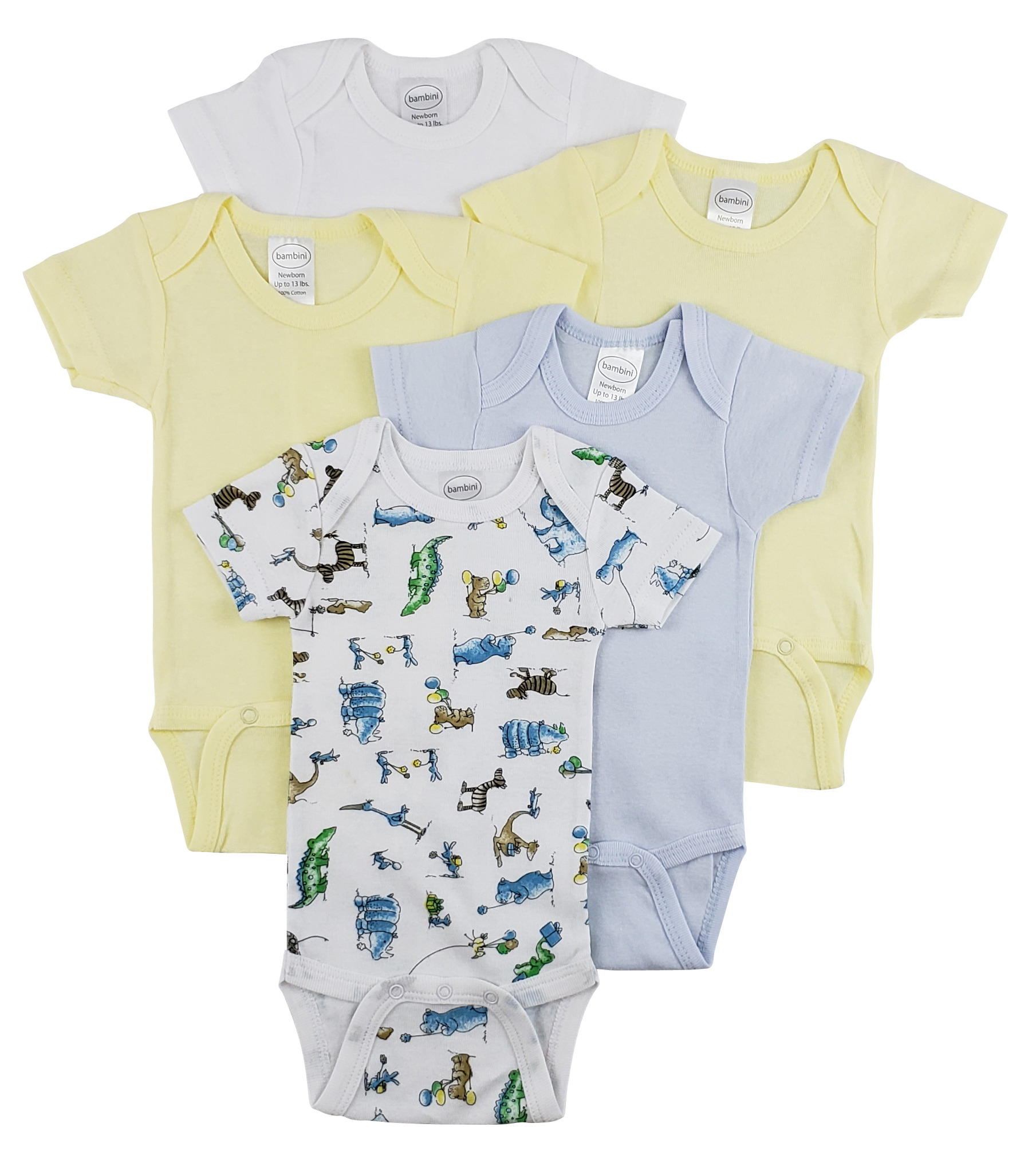 Bambini Short Sleeve One Piece 5 Pack featuring soft cotton fabric, expandable neckline, and front snap closure for easy dressing.