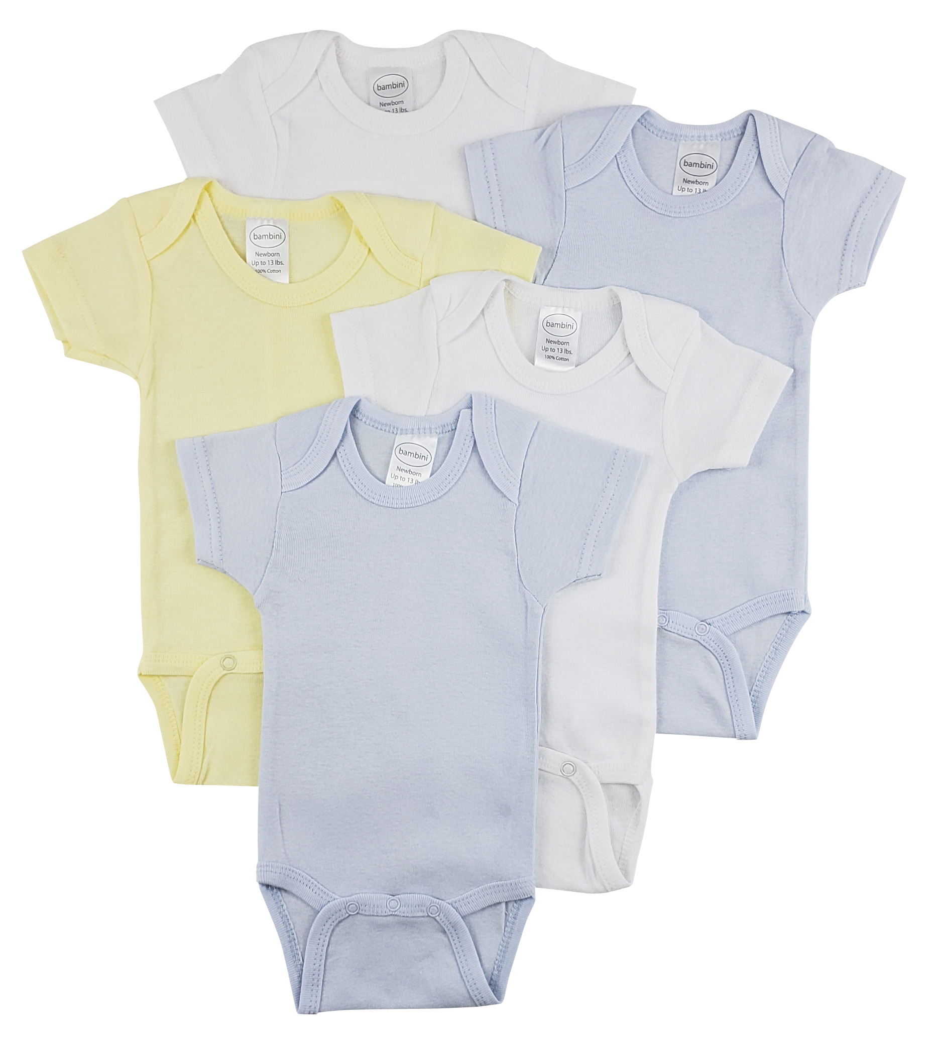 Bambini Short Sleeve One Piece 5 Pack featuring soft cotton fabric, expandable neckline, and front snap closure for easy dressing.