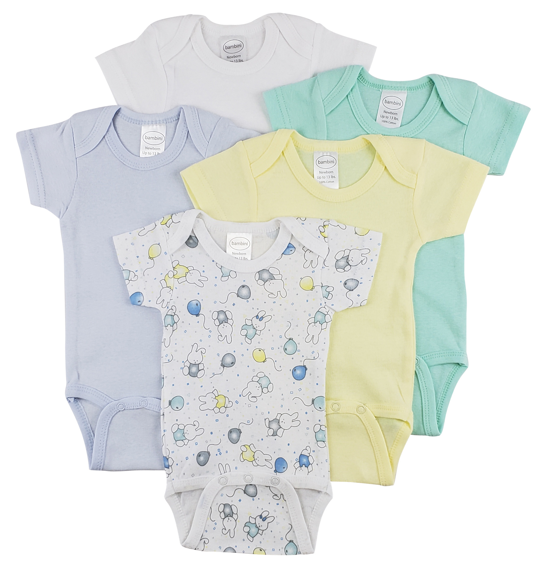 Bambini Short Sleeve One Piece 5 Pack featuring soft cotton fabric, expandable neckline, and front snap closure for easy dressing.