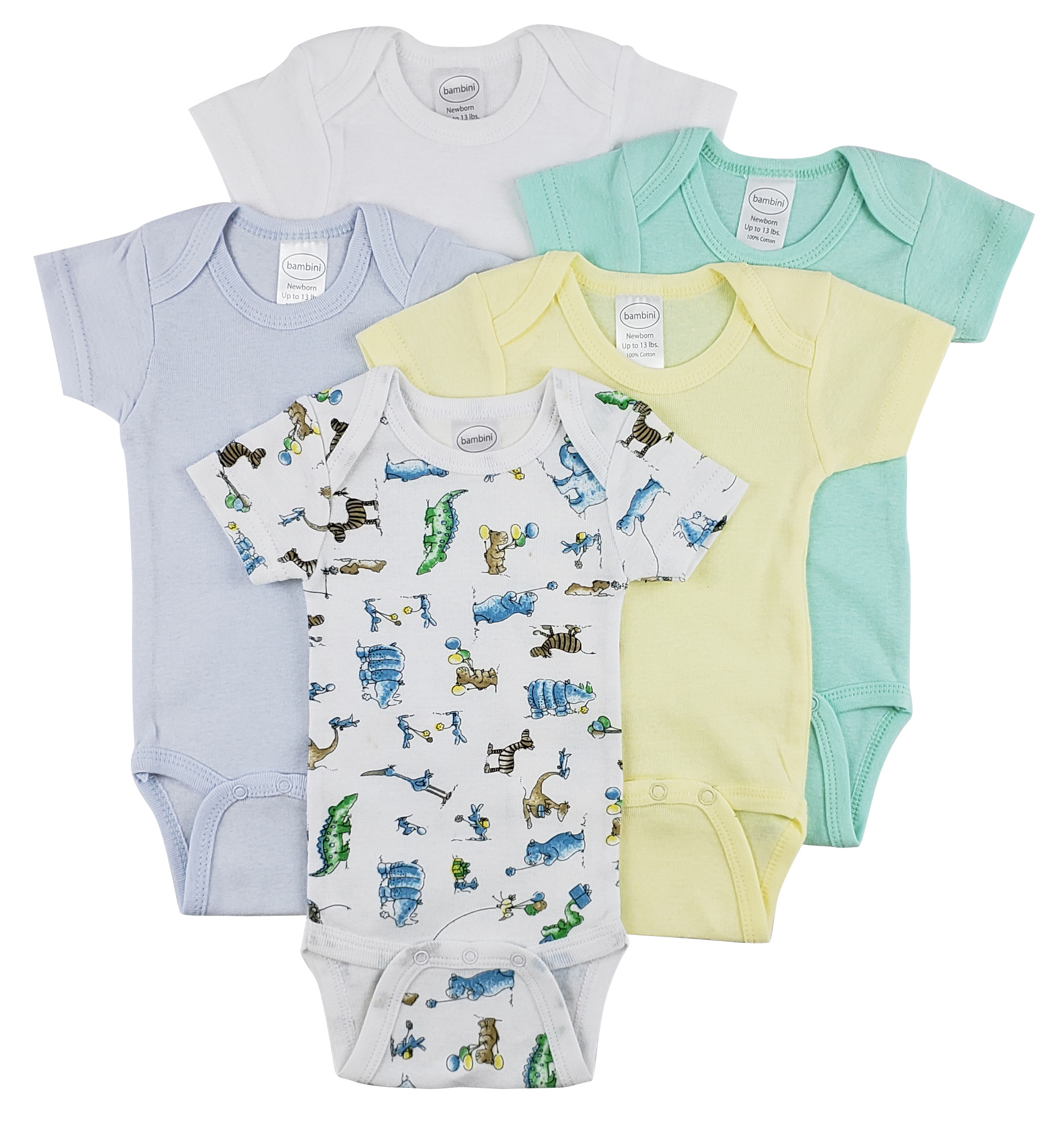 Bambini Short Sleeve One Piece 5 Pack featuring soft cotton fabric, expandable neckline, and front snap closure for easy dressing.