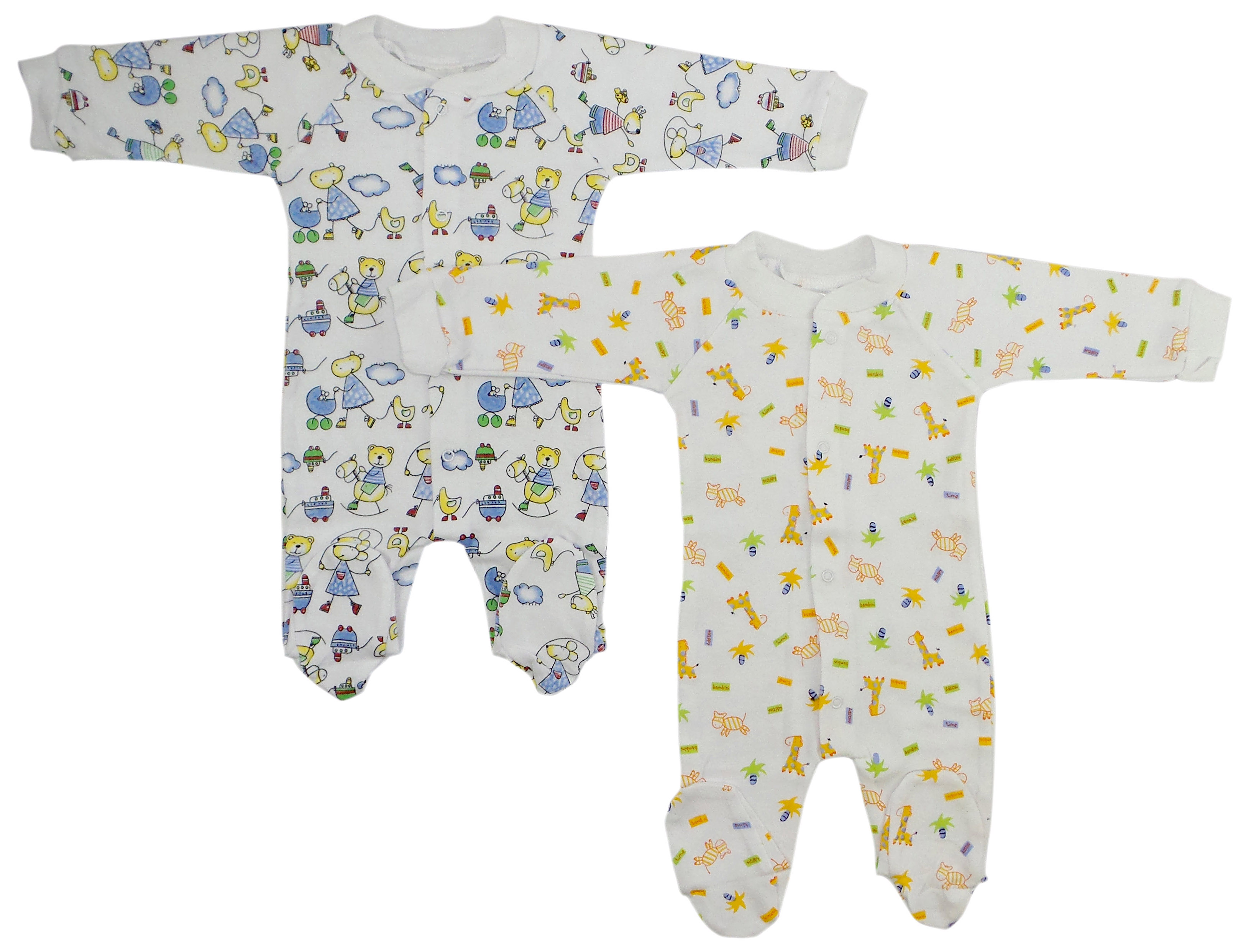 Two pairs of Bambini Sleep & Play long johns in assorted colors, made from soft cotton-polyester blend, perfect for baby comfort.