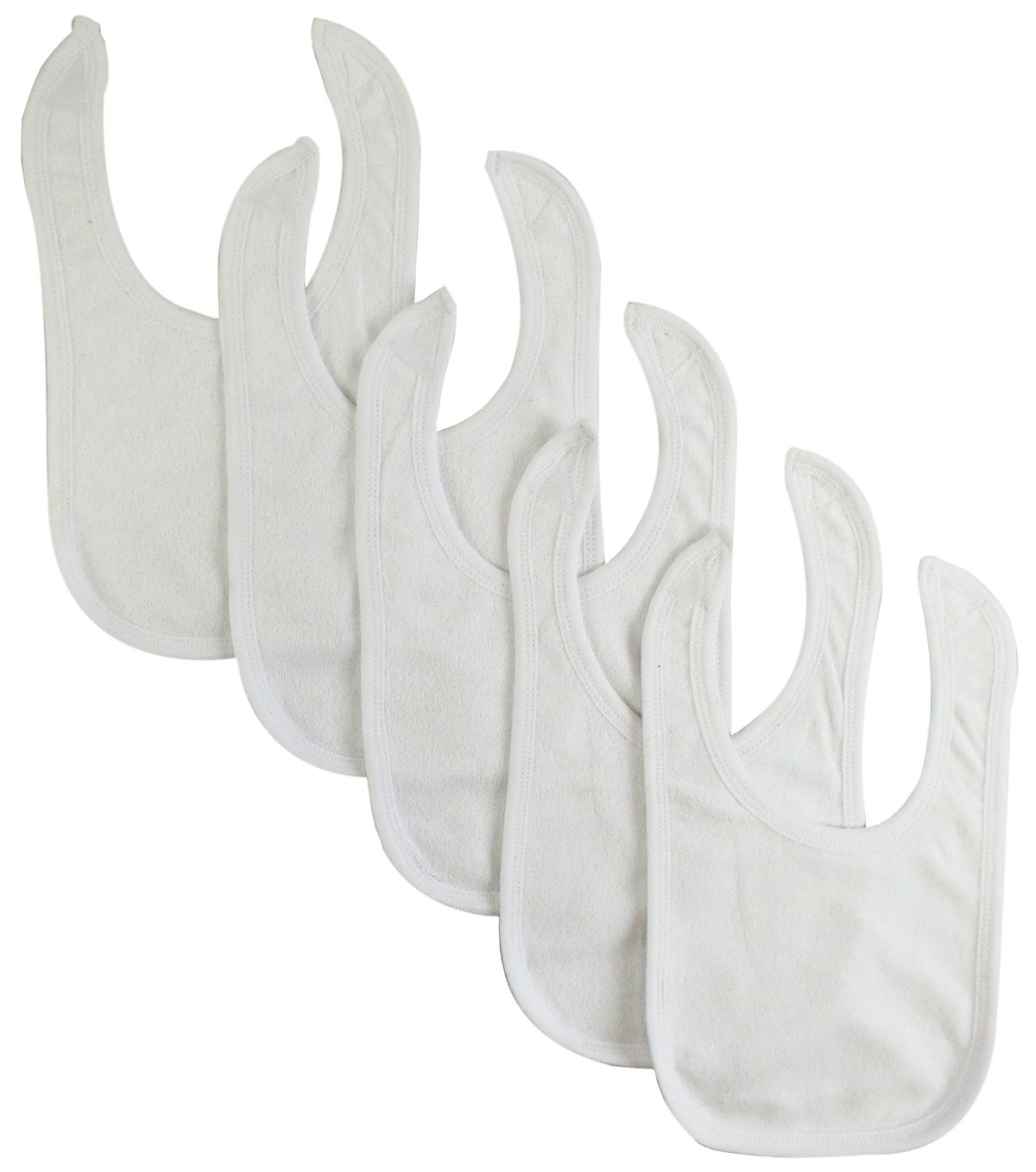 Pack of 5 Bambini Solid White Bibs with blue binding, made from soft cotton and polyester blend, designed for infants.