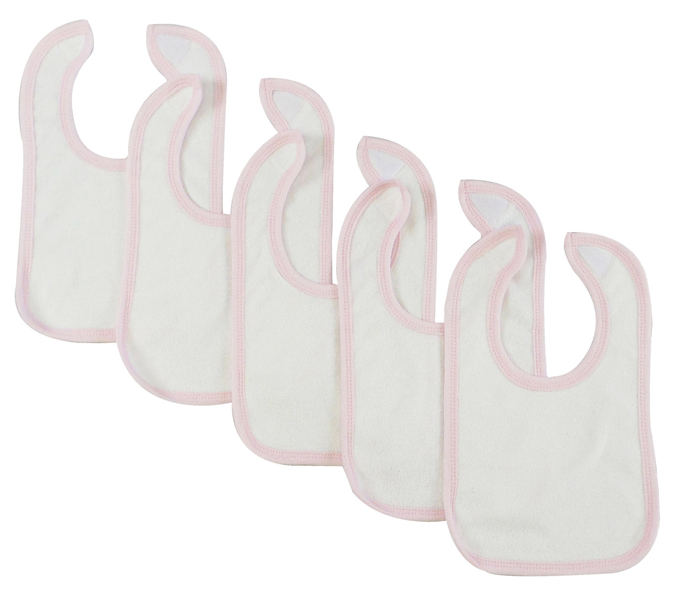 Bambini White Bibs with Pink Trim, Pack of 5, designed for infant girls, featuring hook and loop closure for easy use.