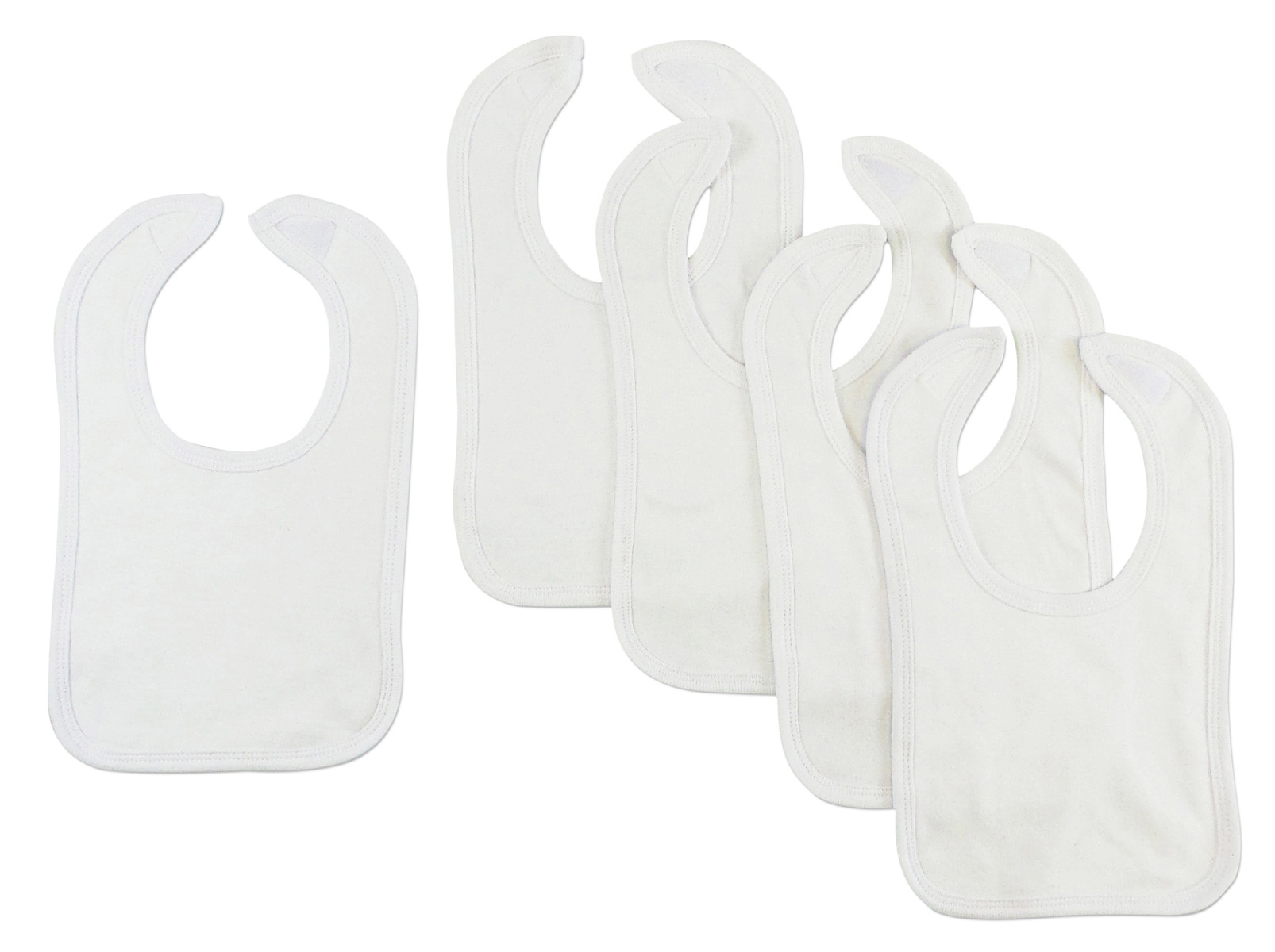 Bambini White Interlock Bibs in a pack of 5, featuring soft fabric and hook and loop fasteners for infants.