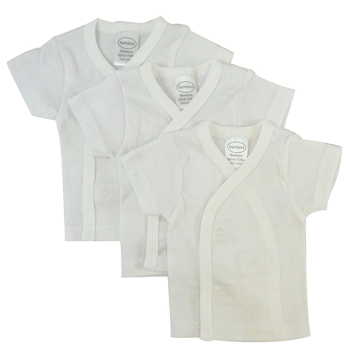 Bambini White Side Snap Short Sleeve Shirt - 3 Pack featuring side snaps and mitten cuffs, perfect for baby comfort.