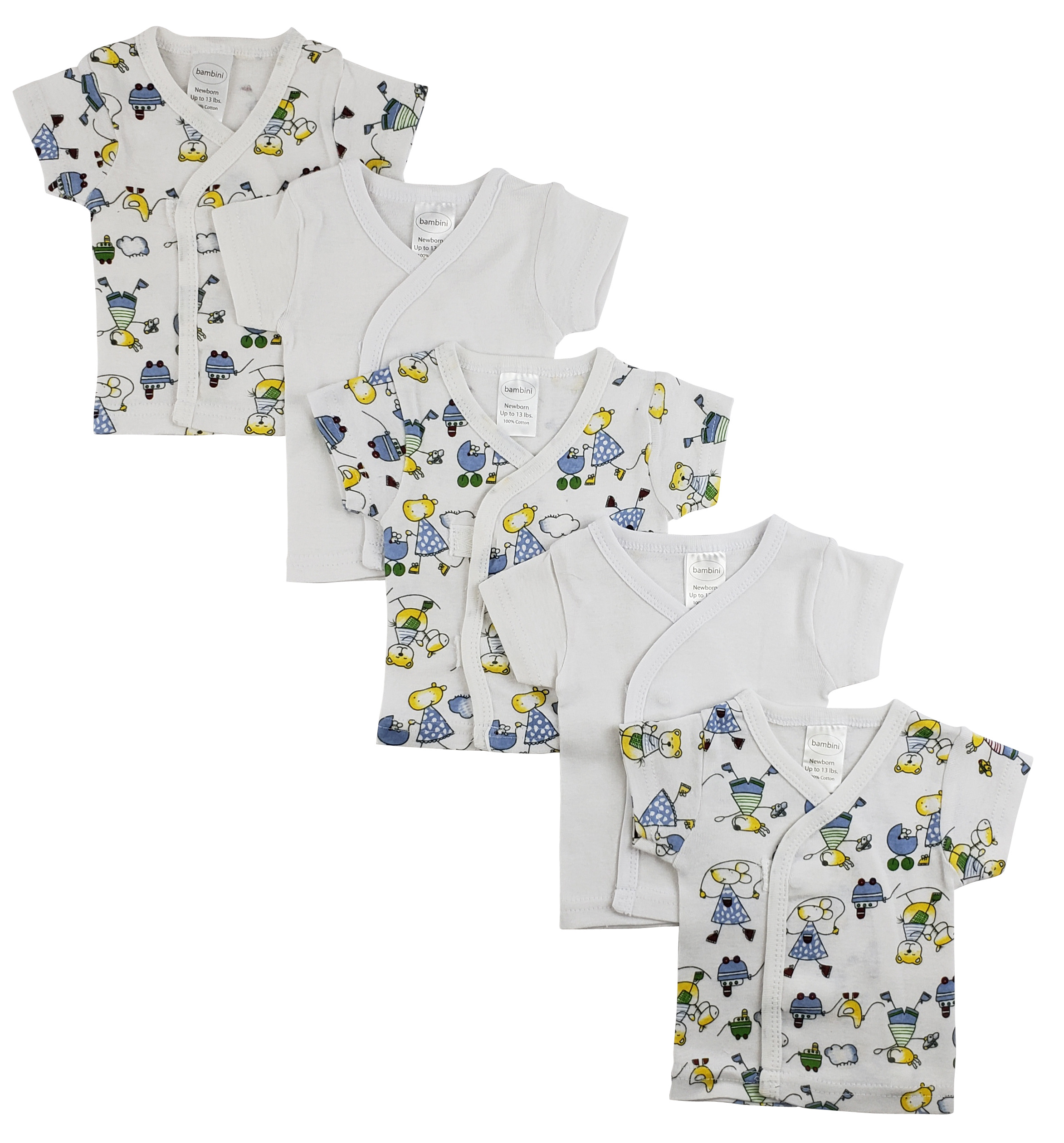 Bambini White Side Snap Short Sleeve Shirt - 5 Pack, featuring side snaps and short sleeves for easy dressing and comfort.