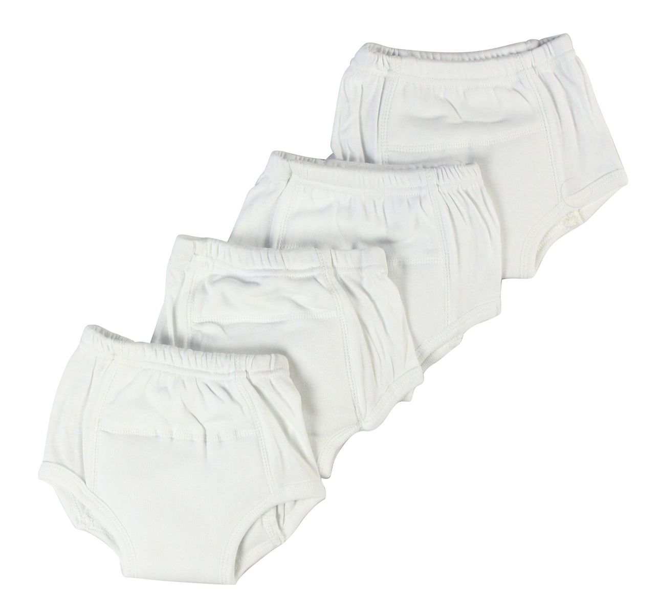 Bambini White Training Pants 4-Pack featuring soft cotton fabric, expandable neckline, and convenient snap closures for easy dressing.