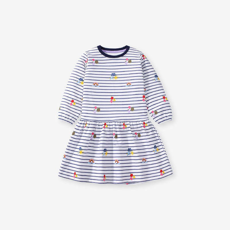 A stylish black crew neck long-sleeve top for girls featuring a vibrant rainbow and striped pattern, made from soft cotton material.