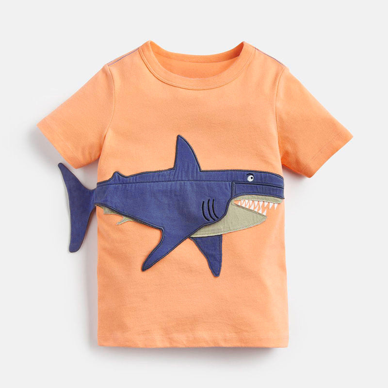 Big Shark Pattern Boys’ T-Shirt in vibrant orange color, made of soft cotton, featuring a playful shark cartoon design.