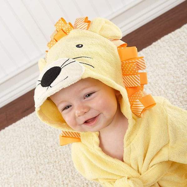 Big Top Bath Time Lion Hooded Spa Robe in sunny-yellow terrycloth with a lion face hood and ears, perfect for keeping babies warm after bath time.