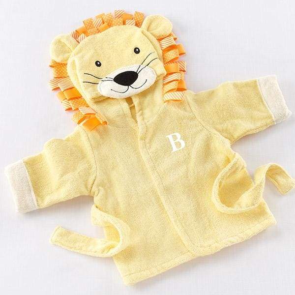 Big Top Bath Time Lion Hooded Spa Robe in sunny-yellow terrycloth with a lion face hood and ears, perfect for keeping babies warm after bath time.