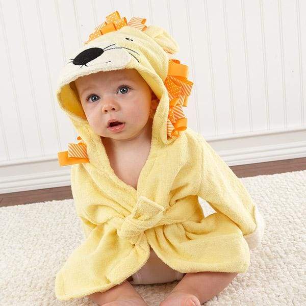 Big Top Bath Time Lion Hooded Spa Robe in sunny-yellow terrycloth with a lion face hood and ears, perfect for keeping babies warm after bath time.