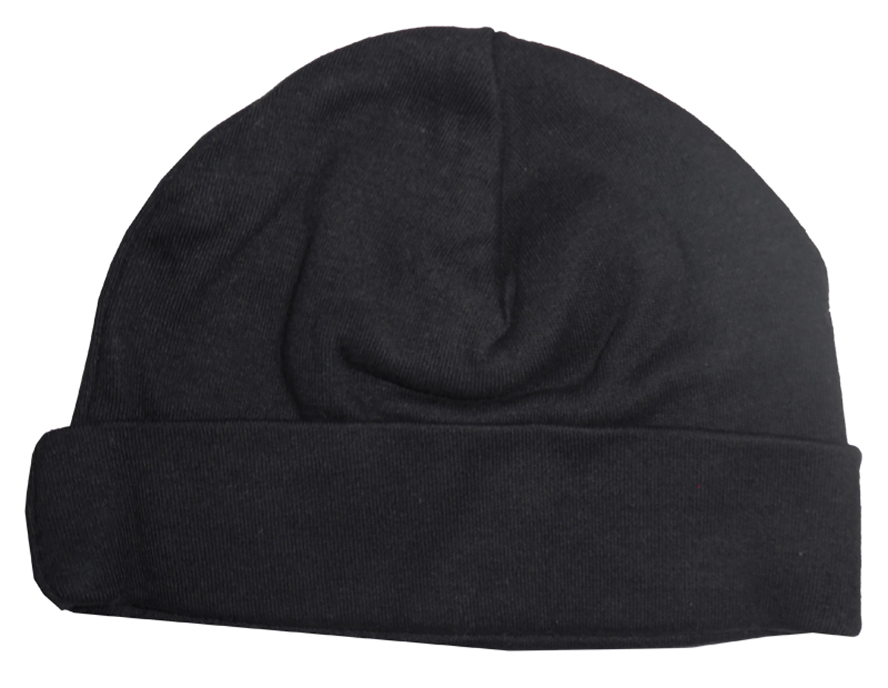 A soft black baby cap made of 100% cotton, designed for infants with a stretchy fit for comfort.