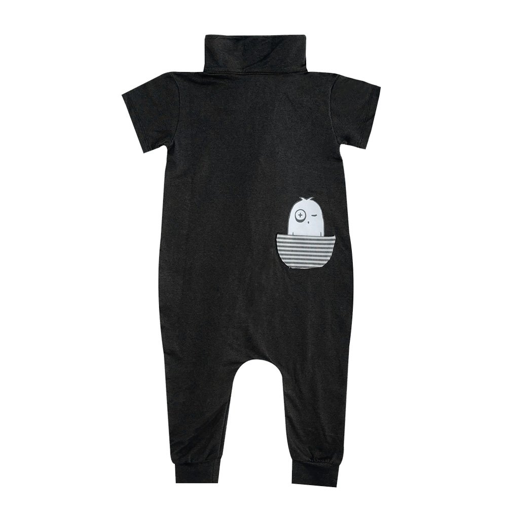 Black Denim Maverick Romper featuring short sleeves, asymmetric front zip, structured collar, and drop crotch design.