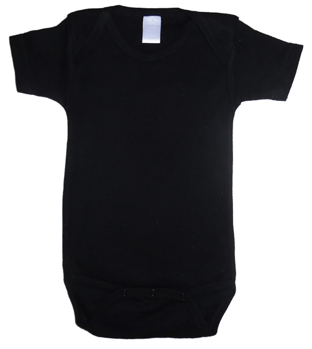 Bambini Black Interlock Short Sleeve Onezies made from 100% cotton, featuring expandable shoulder neckline and front snap closure.