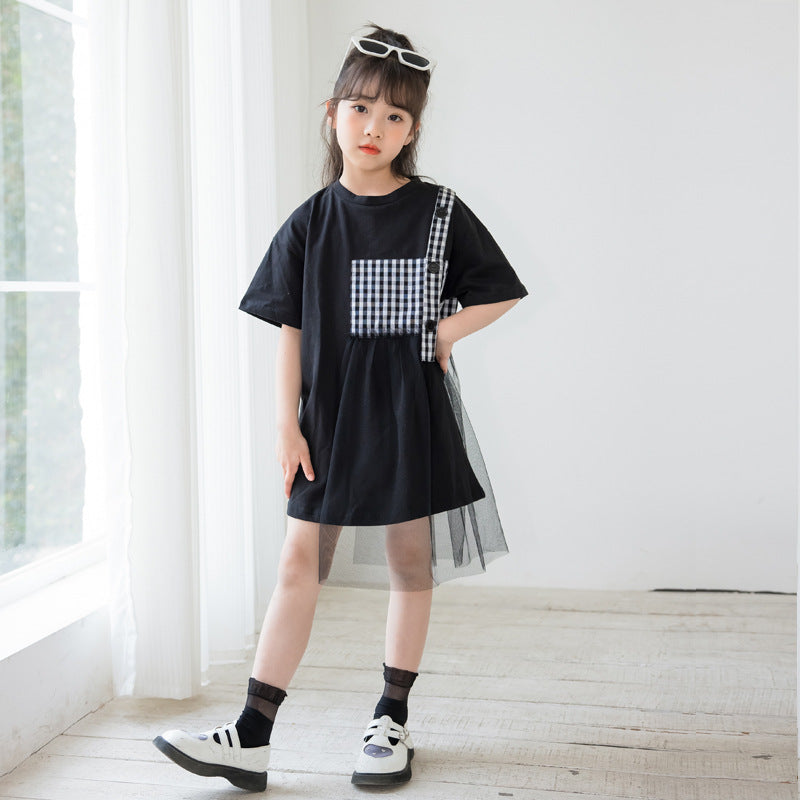 Black plaid patched design mesh casual dress for girls, featuring a stylish pattern and comfortable cotton material.
