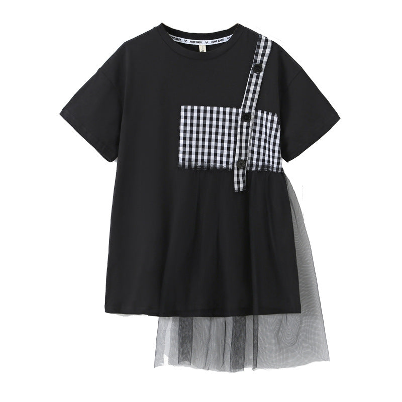 Black plaid patched design mesh casual dress for girls, featuring a stylish pattern and comfortable cotton material.