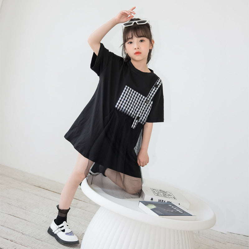 Black plaid patched design mesh casual dress for girls, featuring a stylish pattern and comfortable cotton material.