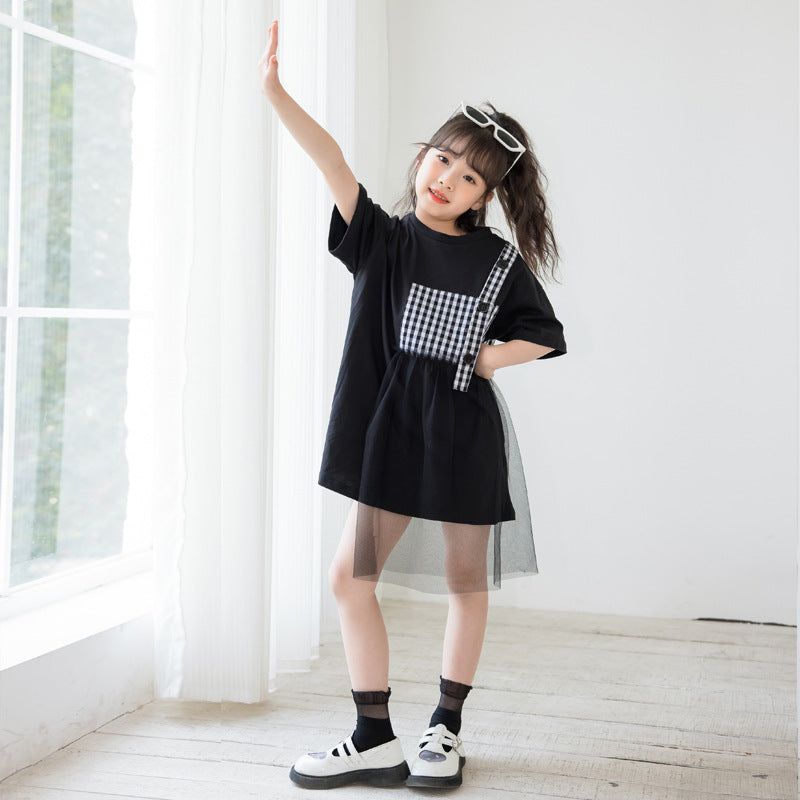 Black plaid patched design mesh casual dress for girls, featuring a stylish pattern and comfortable cotton material.
