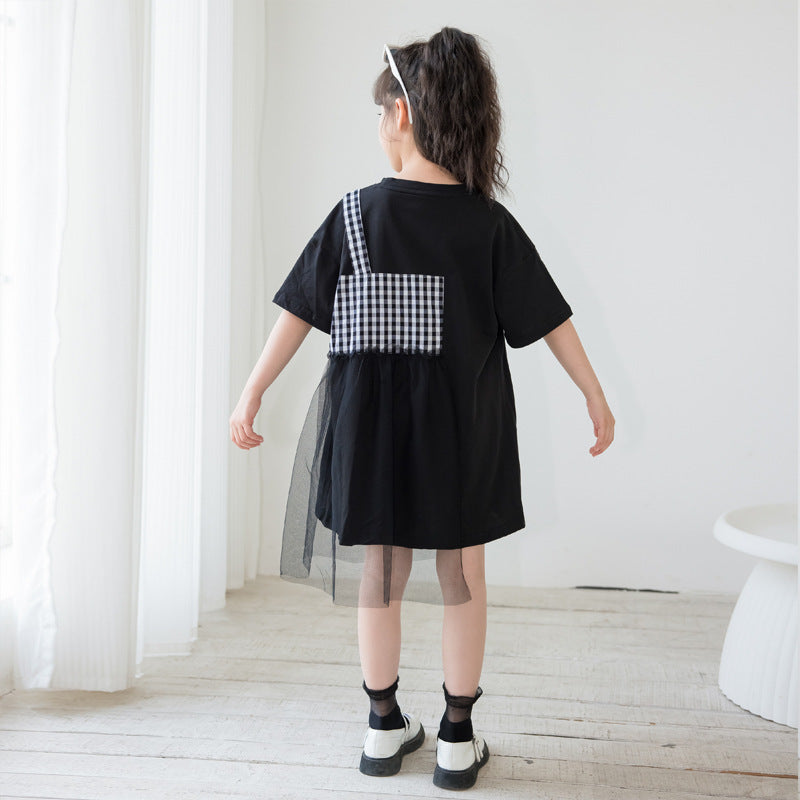 Black plaid patched design mesh casual dress for girls, featuring a stylish pattern and comfortable cotton material.