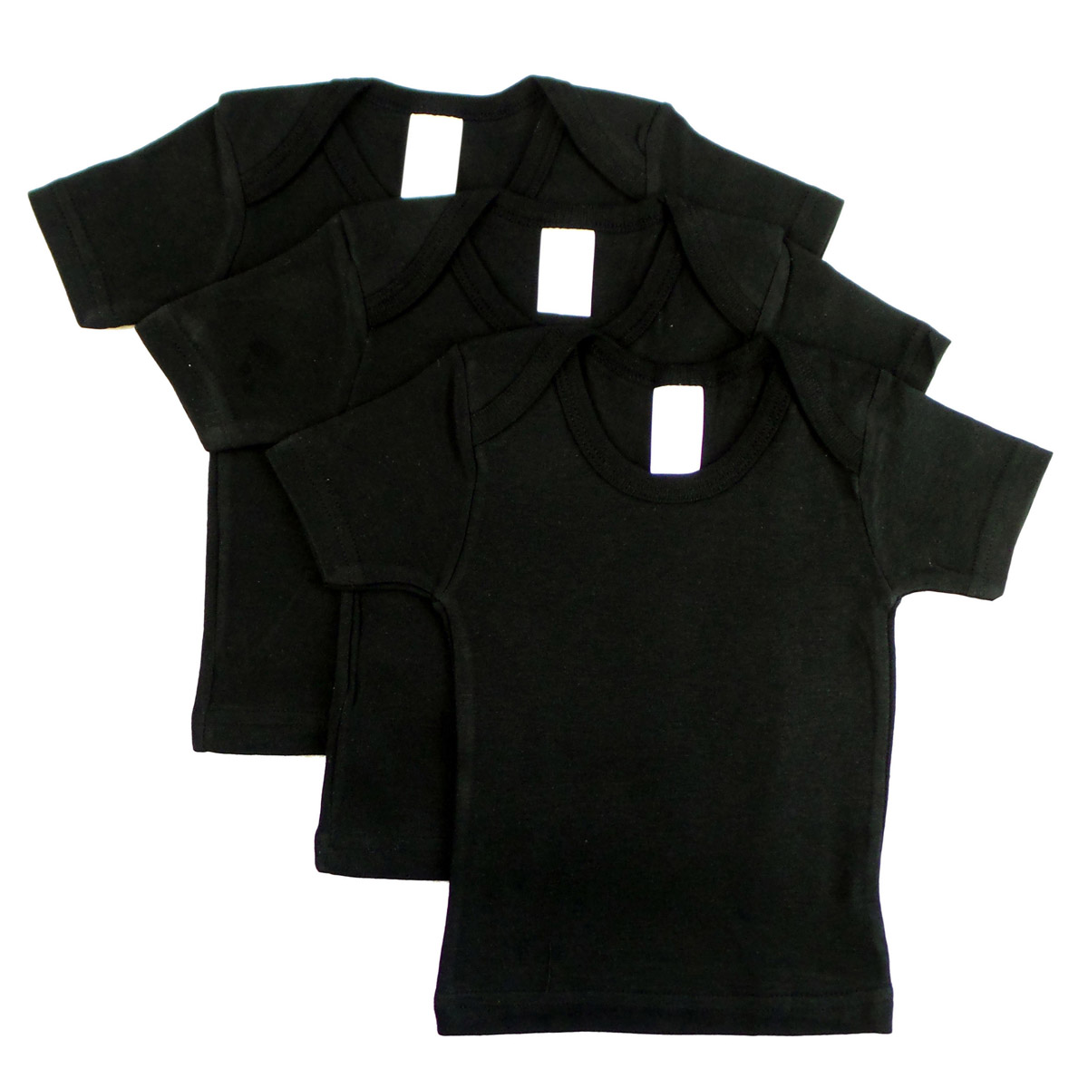 Three black short sleeve lap shirts for infants, made from 100% cotton, perfect for warm weather and easy dressing.