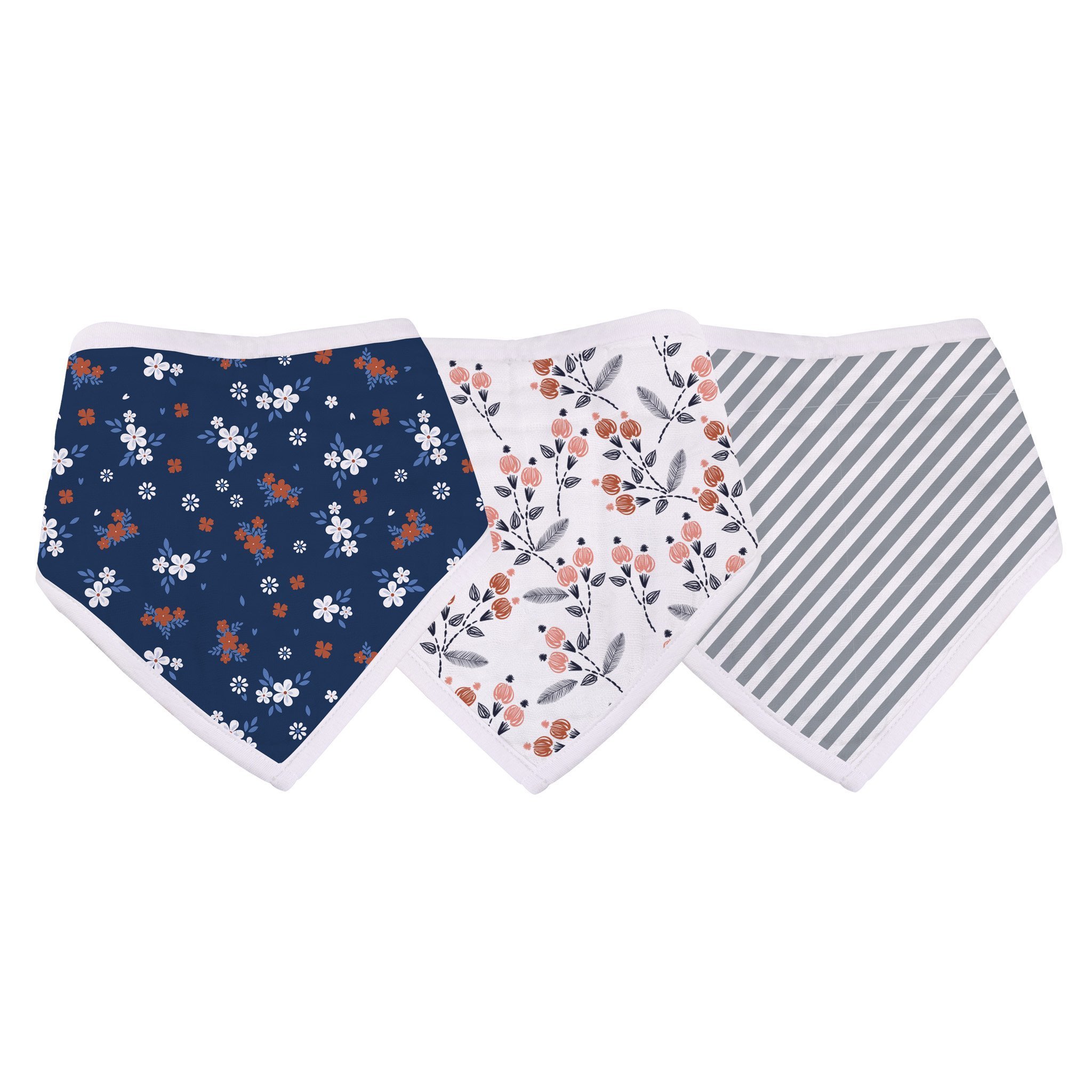 A set of three Blooms Bamboo Bandana Bibs in stylish designs, made from soft bamboo muslin, featuring snap closures for a secure fit.