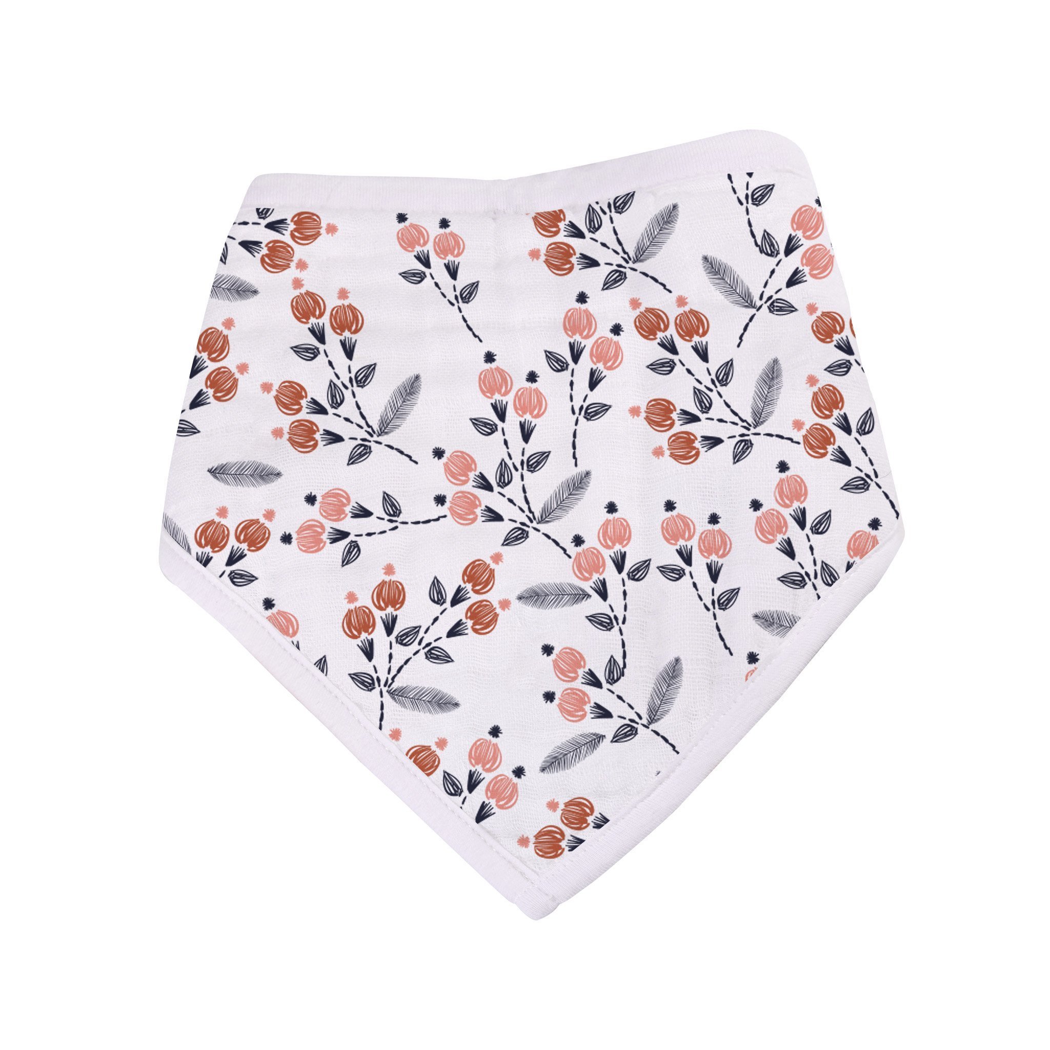 A set of three Blooms Bamboo Bandana Bibs in stylish designs, made from soft bamboo muslin, featuring snap closures for a secure fit.