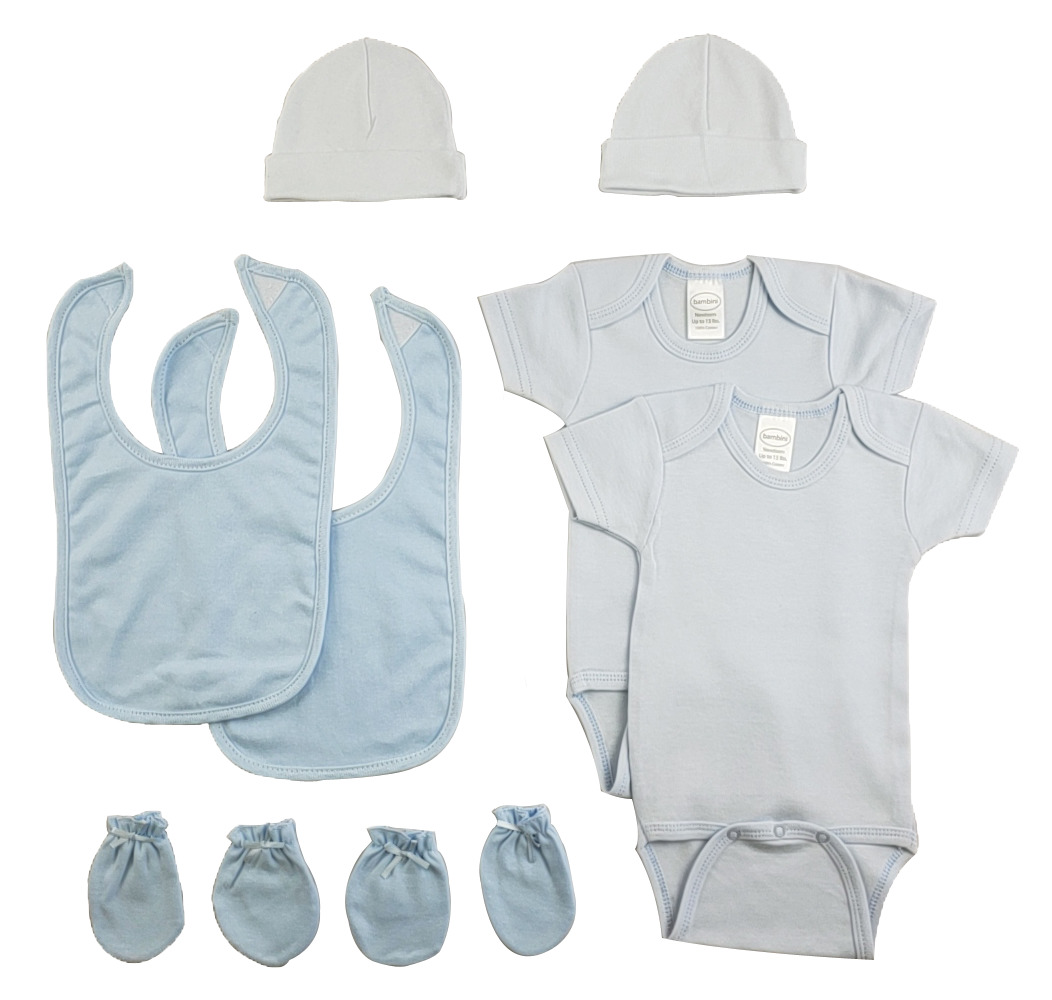 Blue 4 Piece Baby Clothes Set including bib, onesie, cap, and mittens made from soft cotton for newborns.