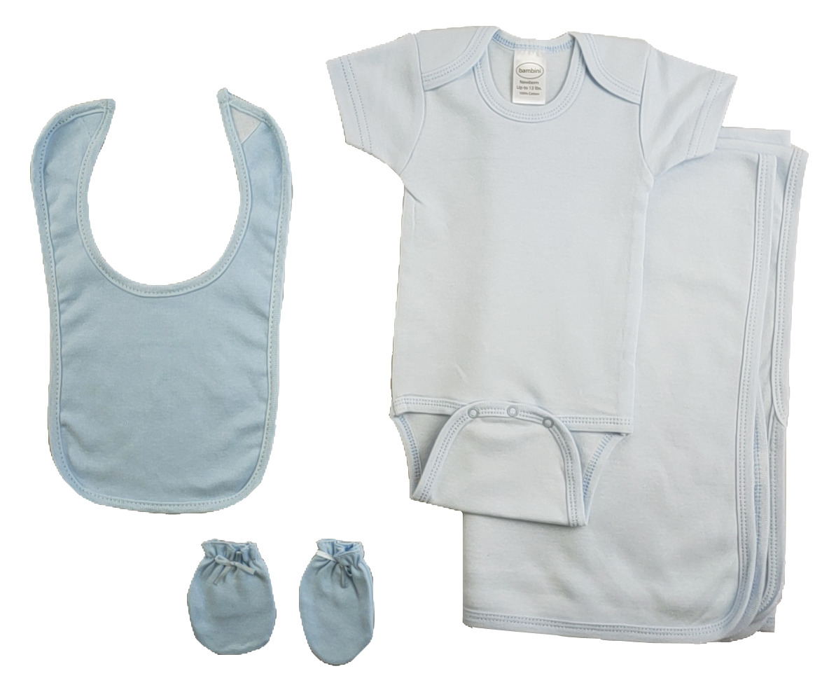 Blue 4 Piece Baby Clothes Set including bib, onesie, receiving blanket, and mittens, made from soft cotton for newborns.