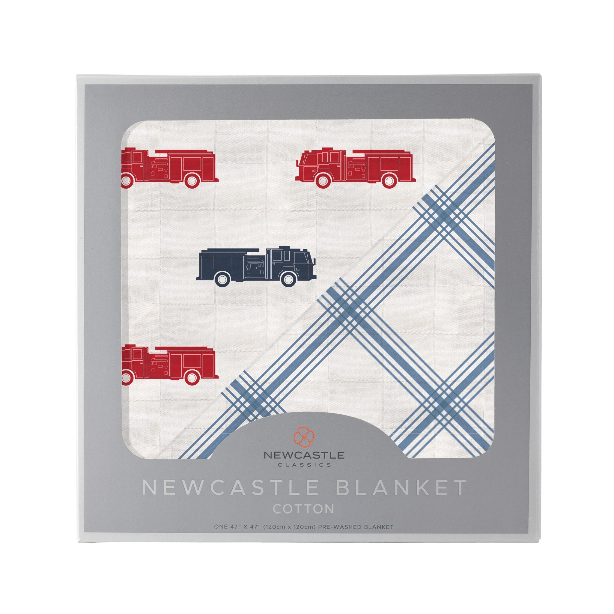 Cozy Blue and Red Fire Trucks Blanket with Buffalo Check Plaid design, perfect for kids to snuggle and play.