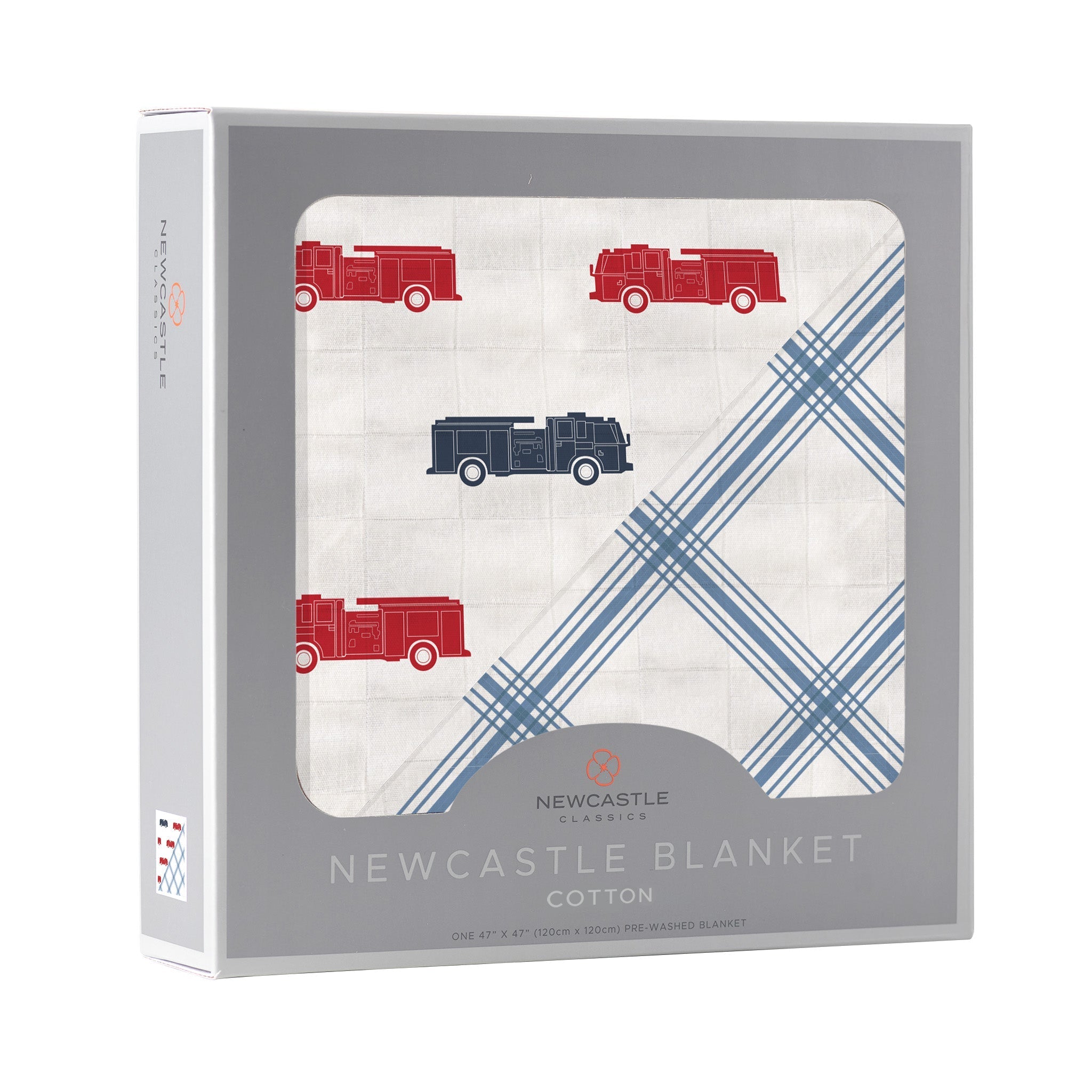 Cozy Blue and Red Fire Trucks Blanket with Buffalo Check Plaid design, perfect for kids to snuggle and play.