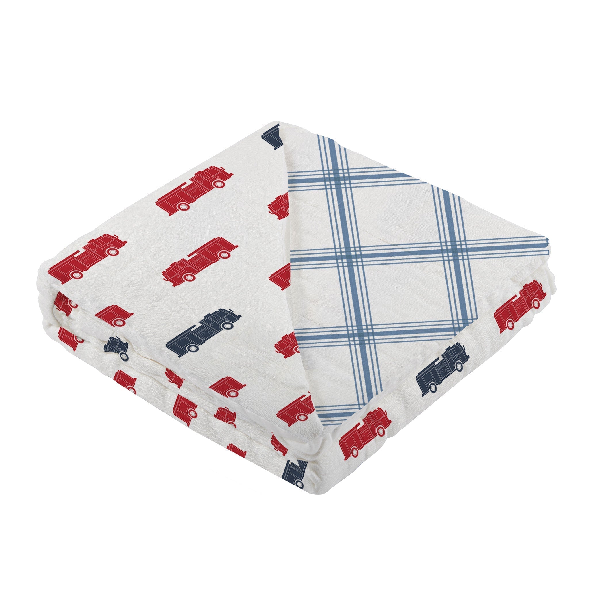 Cozy Blue and Red Fire Trucks Blanket with Buffalo Check Plaid design, perfect for kids to snuggle and play.