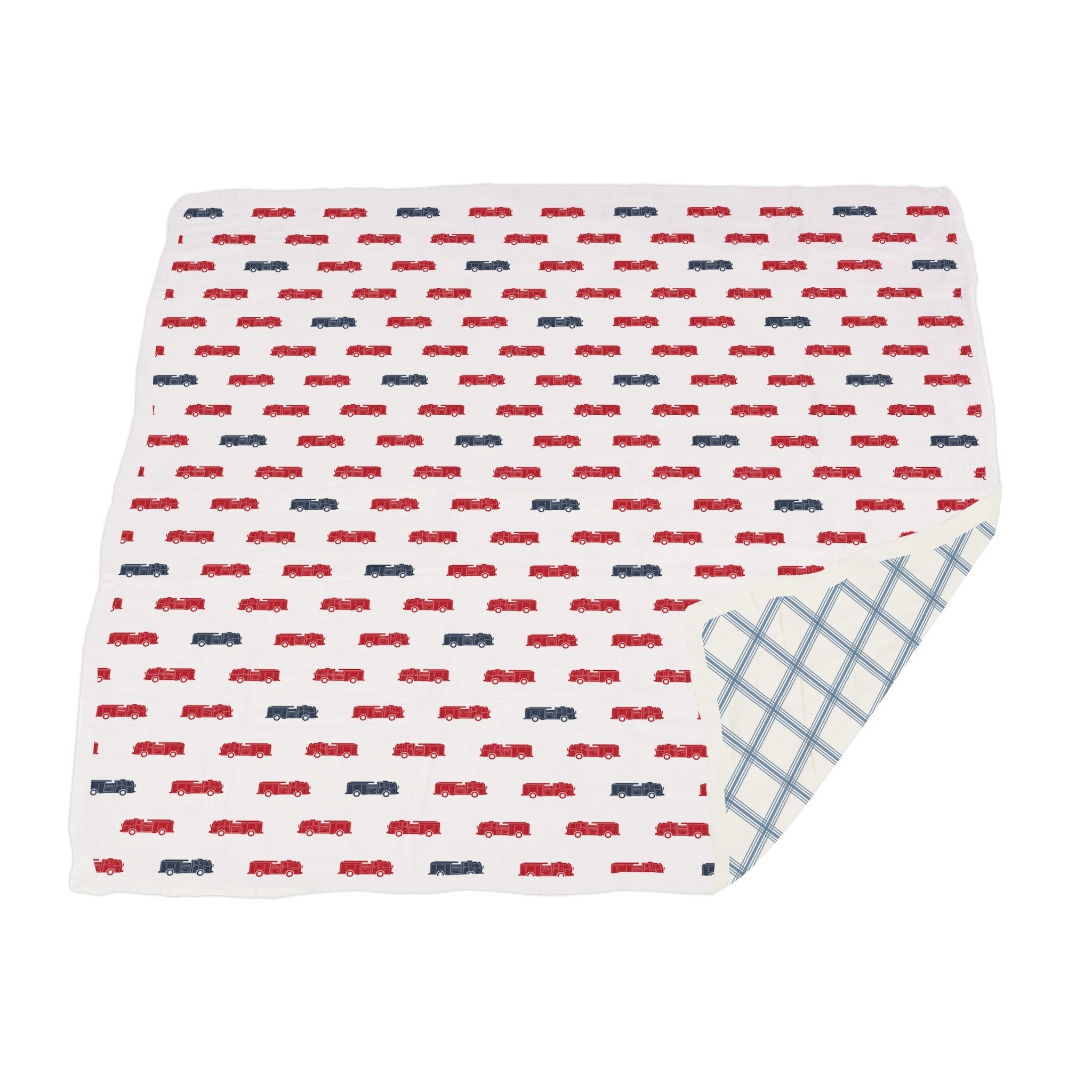Cozy Blue and Red Fire Trucks Blanket with Buffalo Check Plaid design, perfect for kids to snuggle and play.