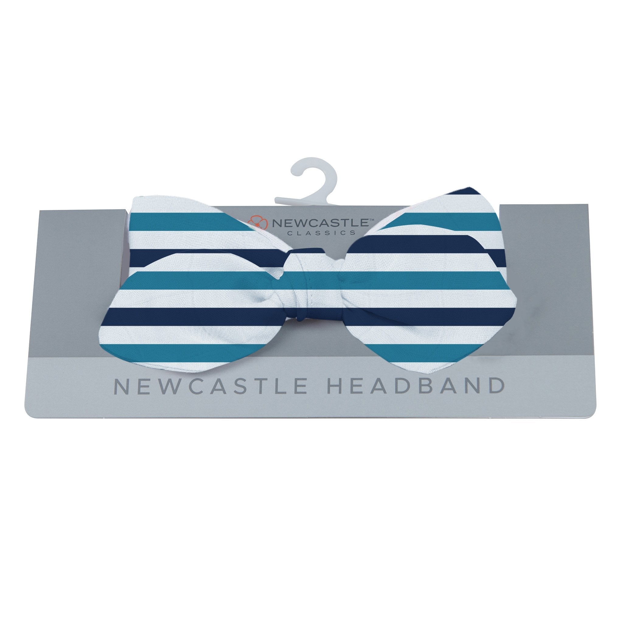 Blue and white striped bamboo baby headband, soft and stylish for infants.