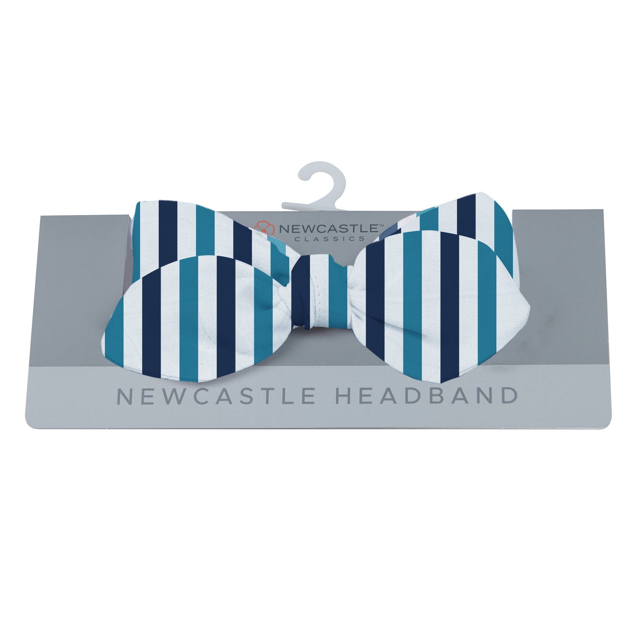 Blue and white striped bamboo baby headband, soft and stylish for infants.