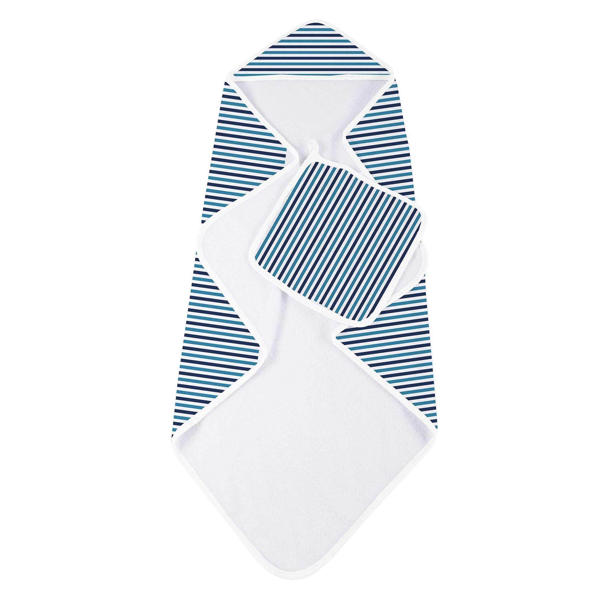 Blue and white striped bamboo hooded towel and washcloth set, featuring a soft texture and stylish design, perfect for keeping babies warm and dry.
