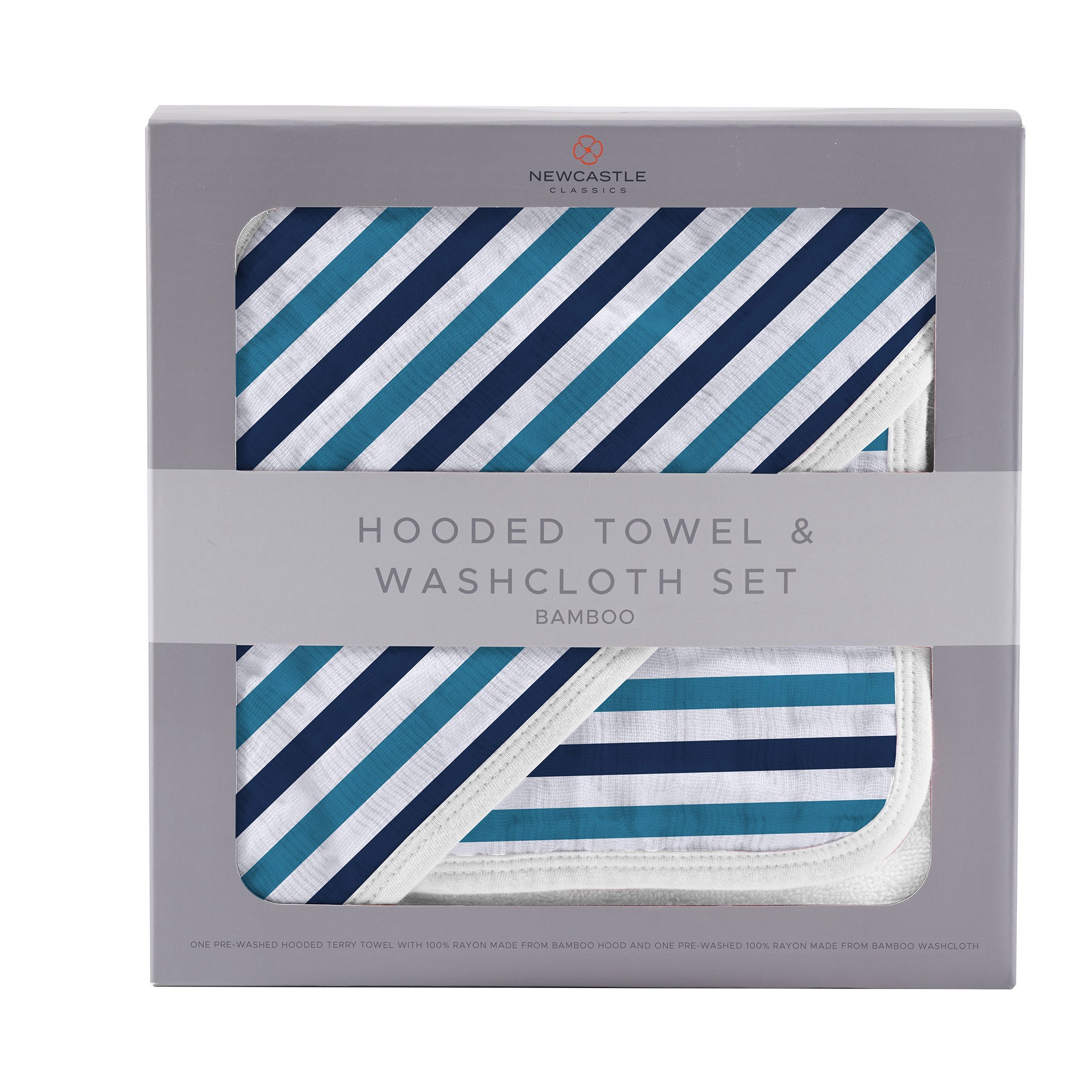 Blue and white striped bamboo hooded towel and washcloth set, featuring a soft texture and stylish design, perfect for keeping babies warm and dry.
