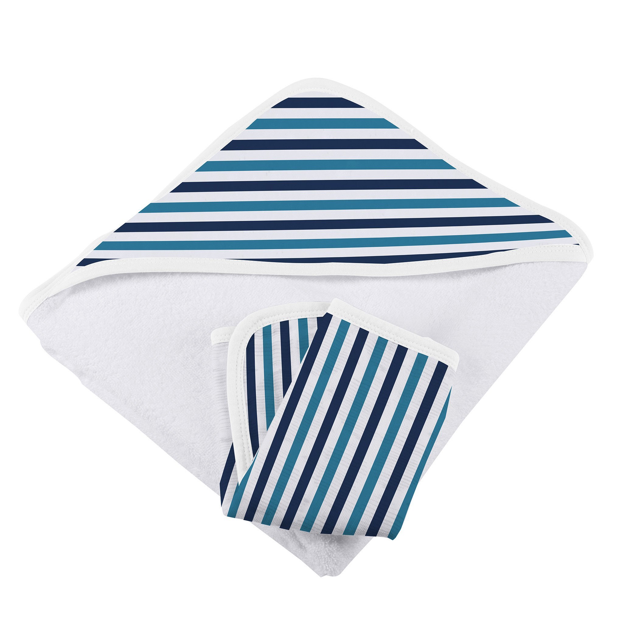 Blue and white striped bamboo hooded towel and washcloth set, featuring a soft texture and stylish design, perfect for keeping babies warm and dry.