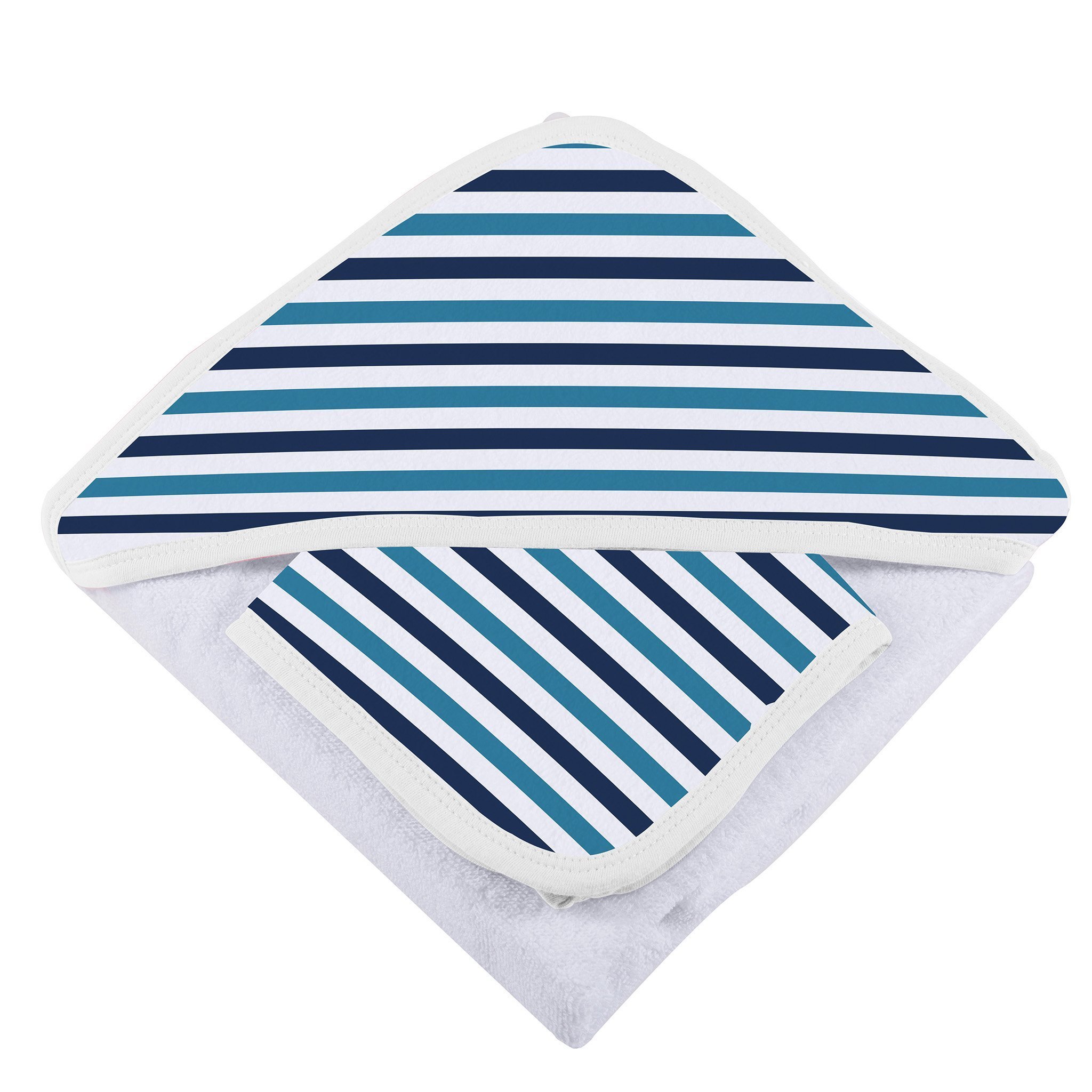 Blue and white striped bamboo hooded towel and washcloth set, featuring a soft texture and stylish design, perfect for keeping babies warm and dry.