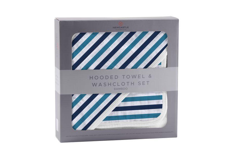 Blue and white striped bamboo hooded towel and washcloth set, featuring a soft texture and stylish design, perfect for keeping babies warm and dry.