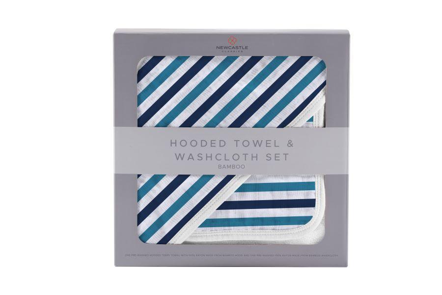 Blue and white striped bamboo hooded towel and washcloth set, featuring a soft texture and stylish design, perfect for keeping babies warm and dry.