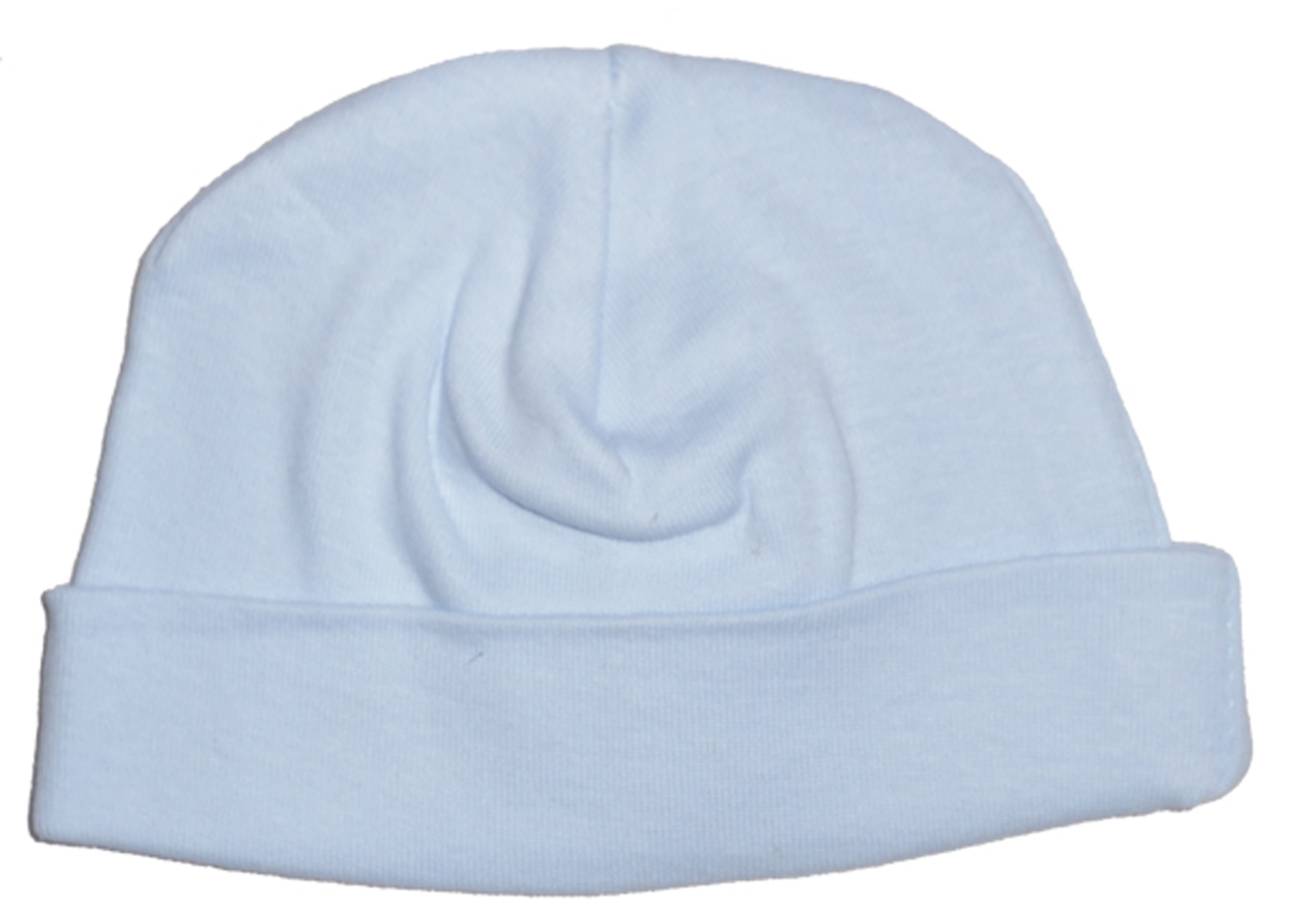 A soft pastel blue baby cap made of 100% cotton, designed for infants with a stretchy fit.