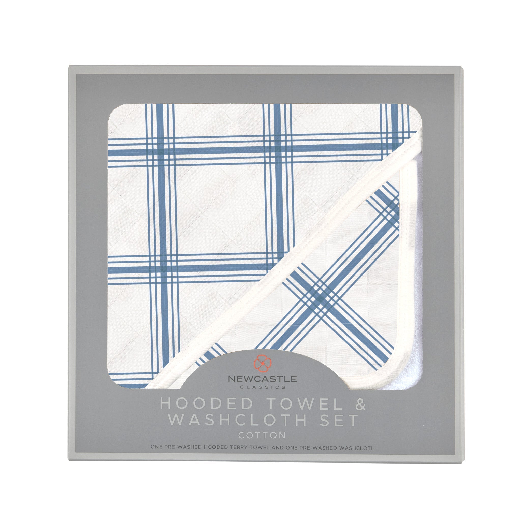 Blue Buffalo Check Plaid Hooded Towel and Washcloth Set featuring a soft cotton towel with a hood and matching washcloth in a stylish blue check pattern.