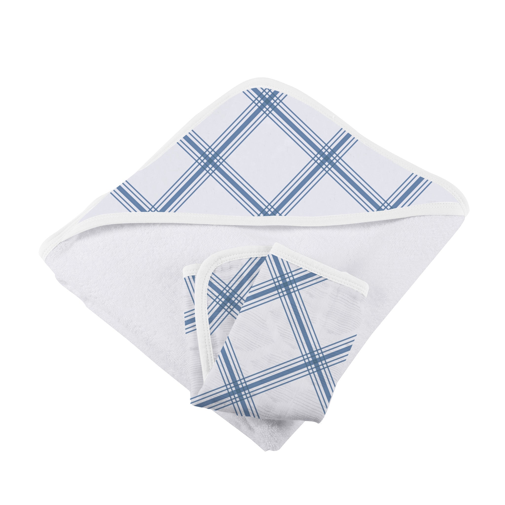 Blue Buffalo Check Plaid Hooded Towel and Washcloth Set featuring a soft cotton towel with a hood and matching washcloth in a stylish blue check pattern.