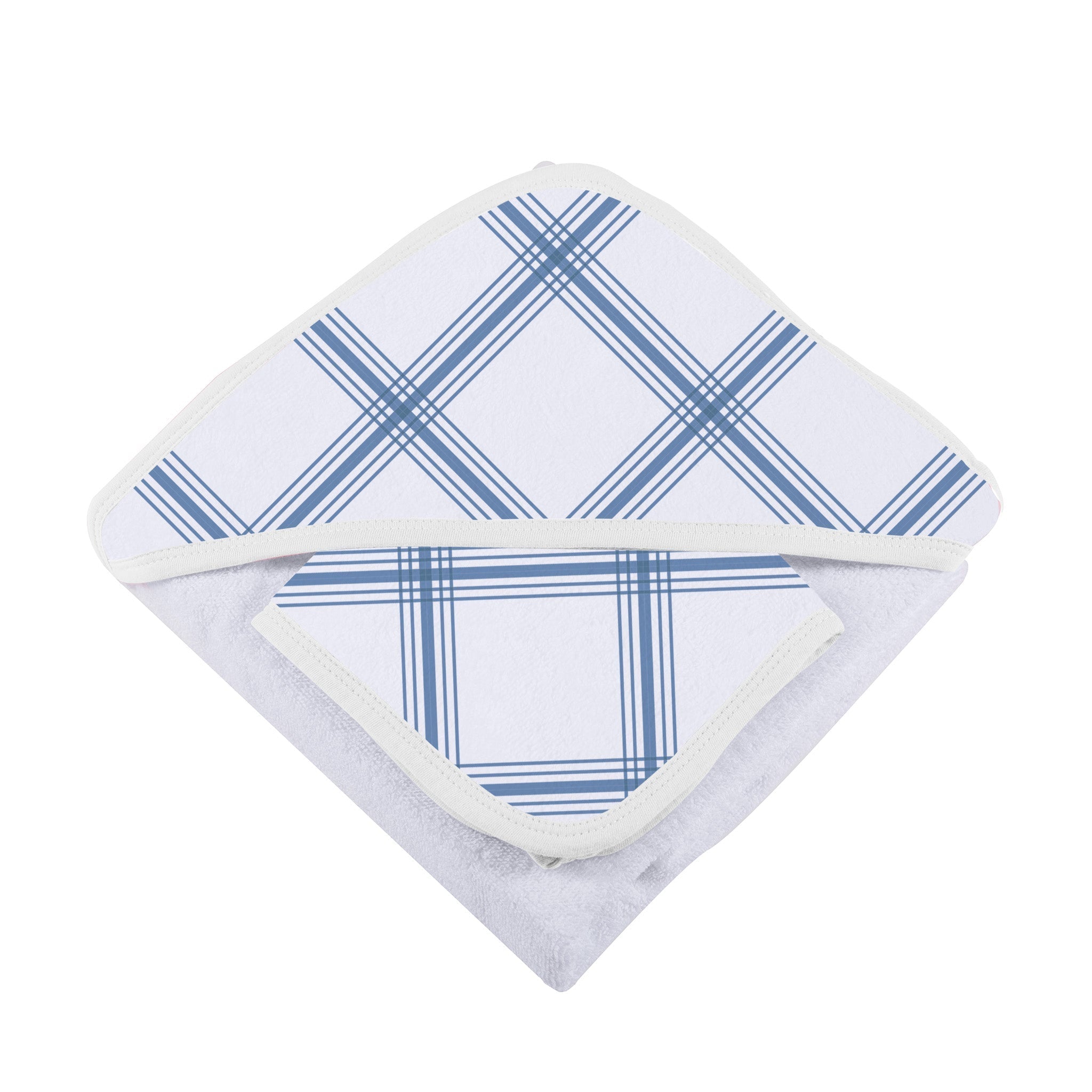 Blue Buffalo Check Plaid Hooded Towel and Washcloth Set featuring a soft cotton towel with a hood and matching washcloth in a stylish blue check pattern.