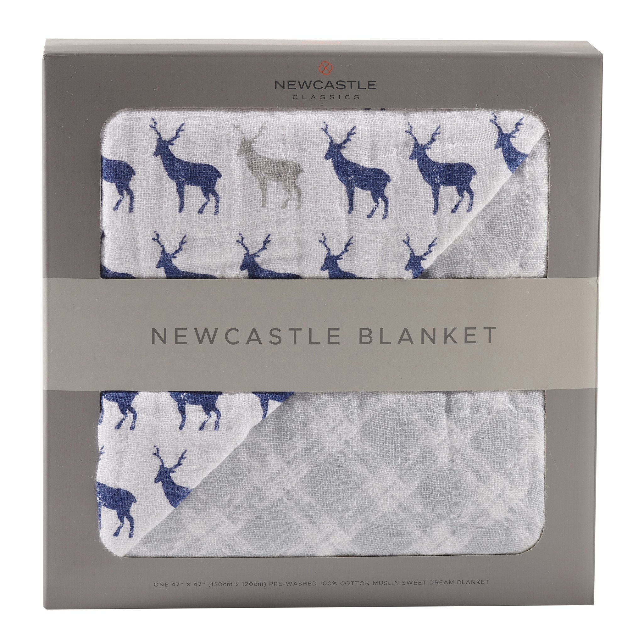 Blue Deer and Glacier Grey Plaid Cotton Muslin Newcastle Blanket, soft and cozy, perfect for kids.