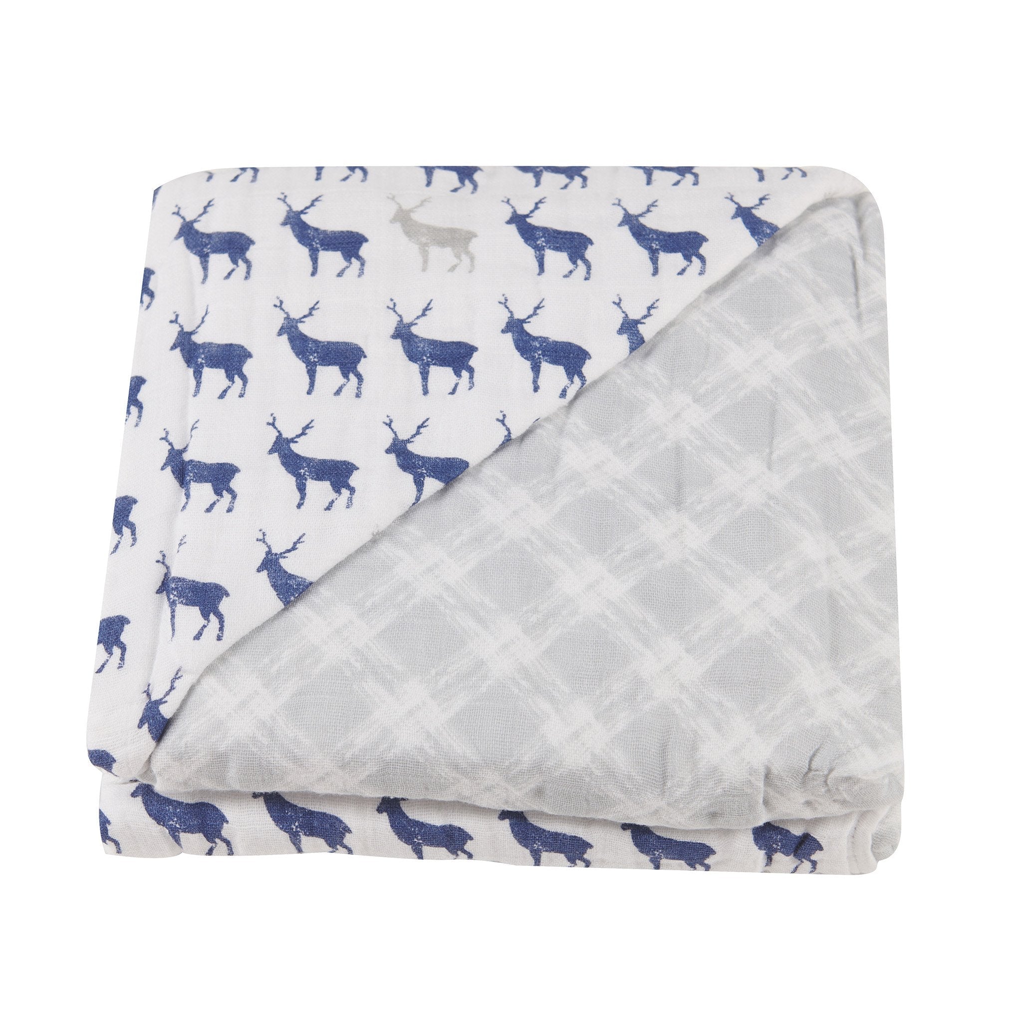 Blue Deer and Glacier Grey Plaid Cotton Muslin Newcastle Blanket, soft and cozy, perfect for kids.