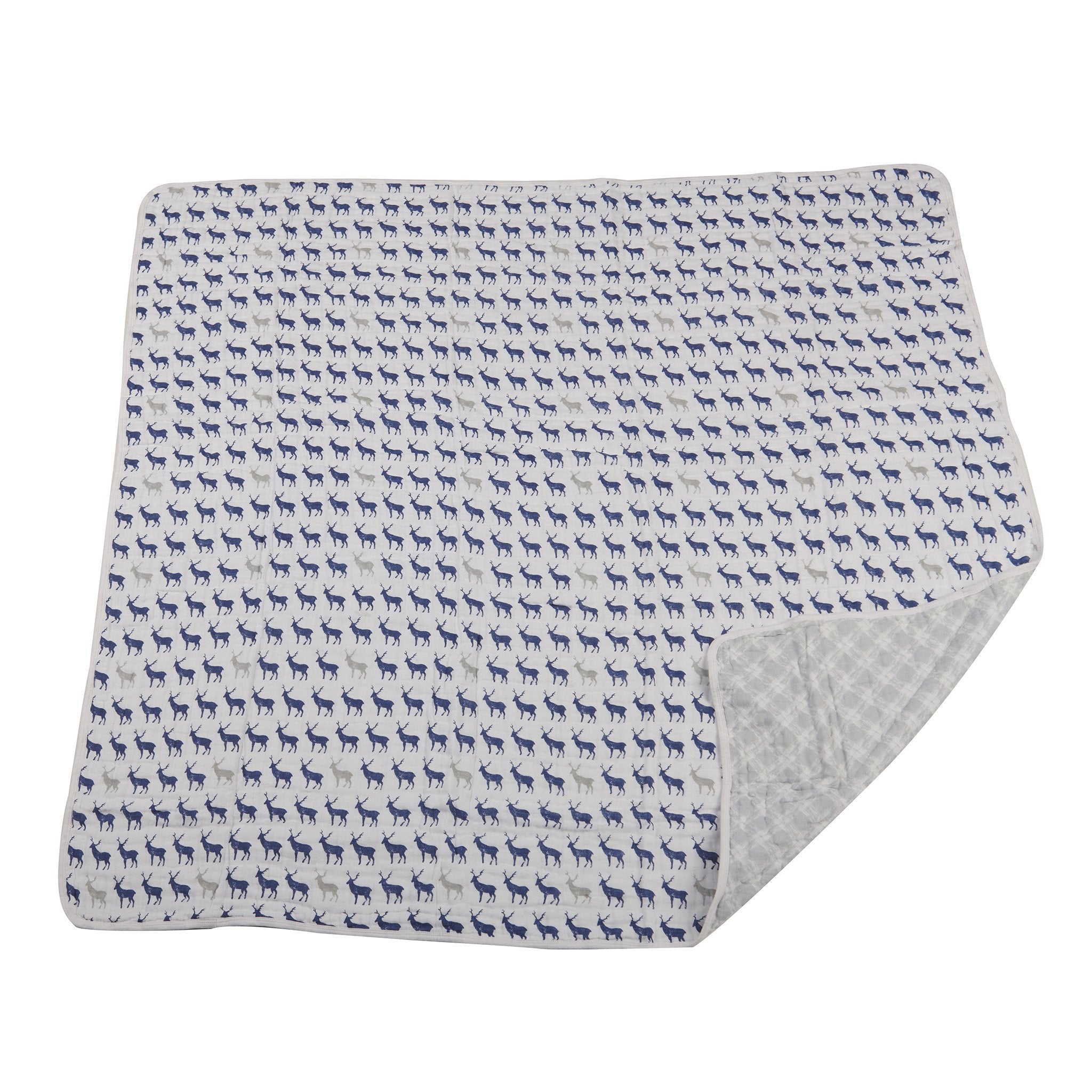 Blue Deer and Glacier Grey Plaid Cotton Muslin Newcastle Blanket, soft and cozy, perfect for kids.