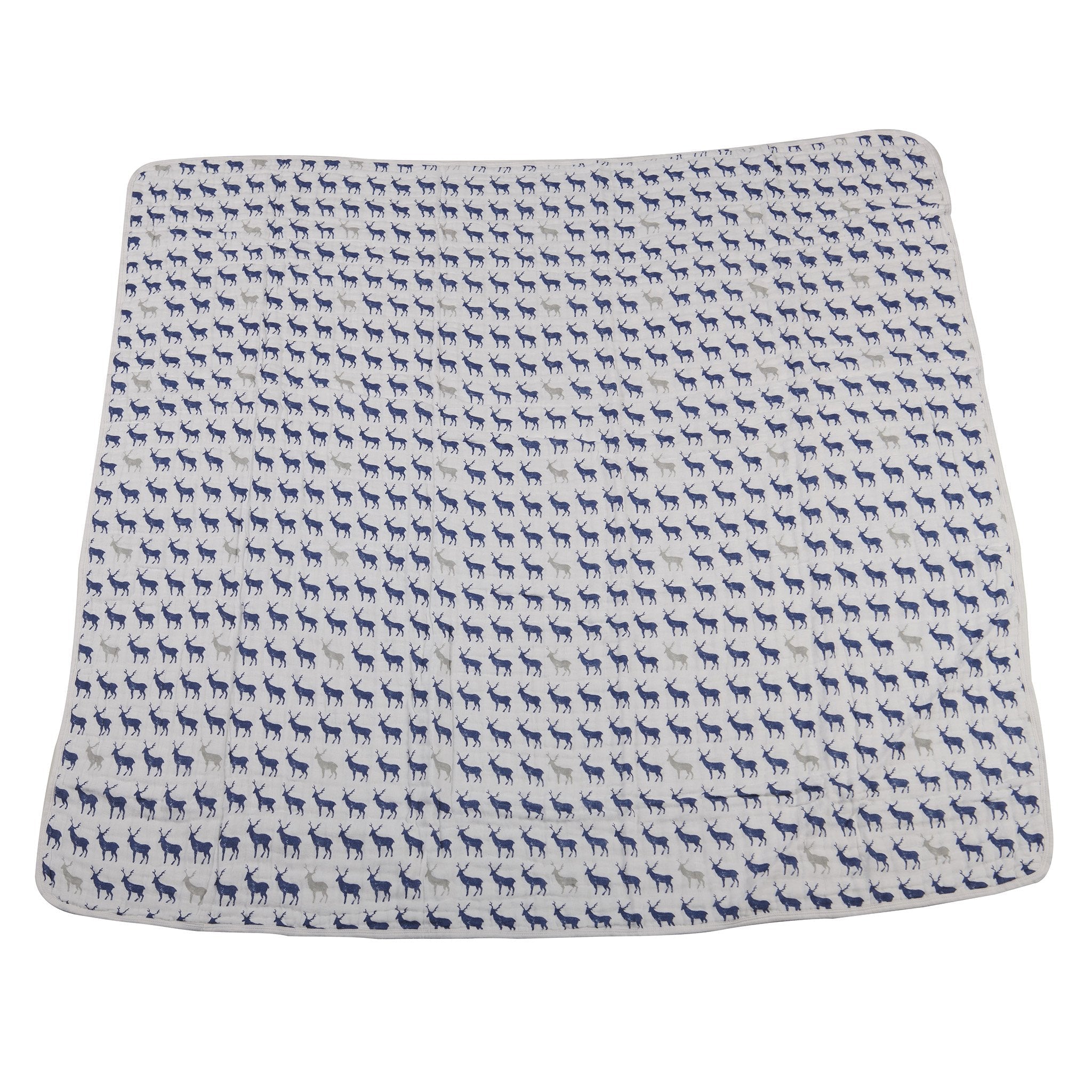 Blue Deer and Glacier Grey Plaid Cotton Muslin Newcastle Blanket, soft and cozy, perfect for kids.