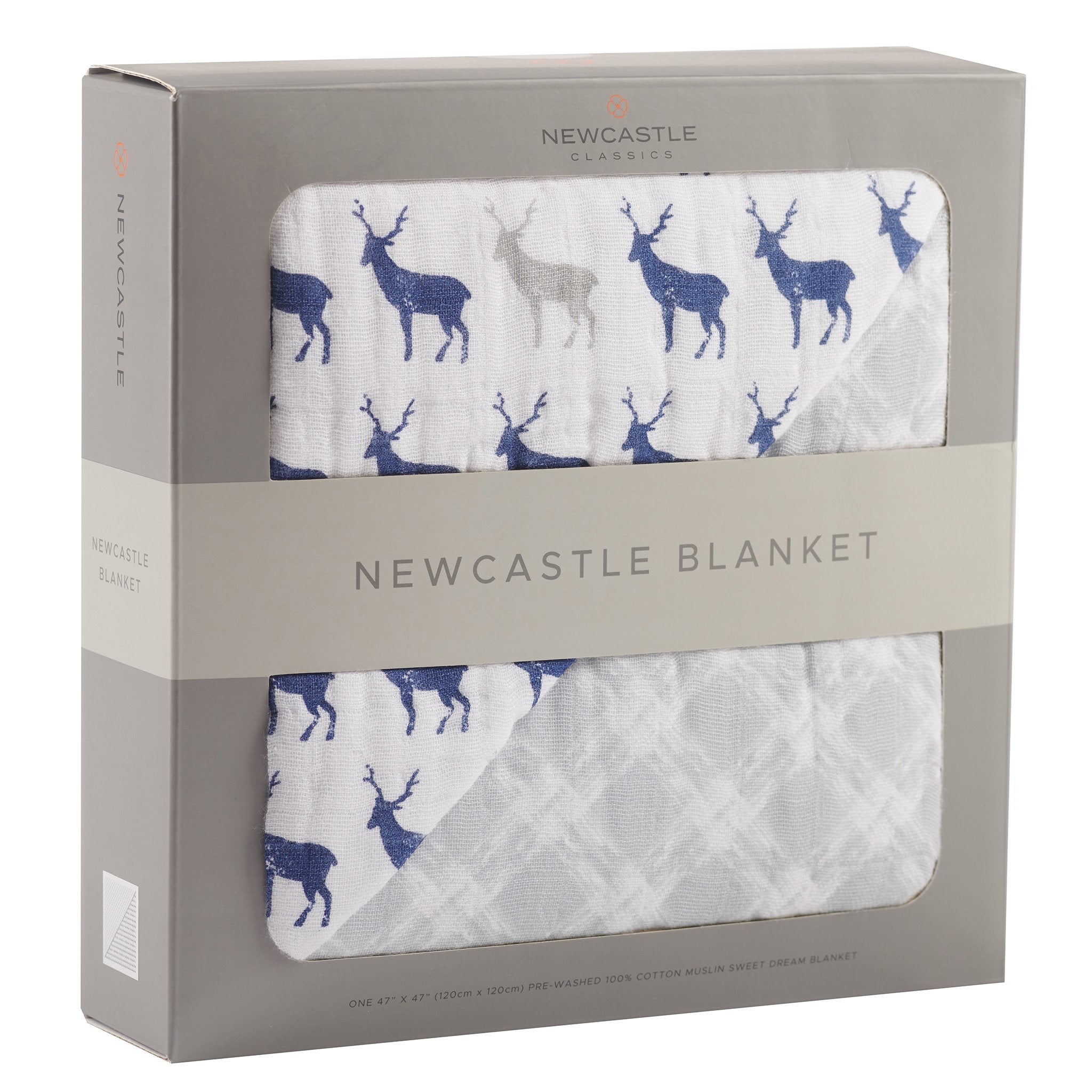 Blue Deer and Glacier Grey Plaid Cotton Muslin Newcastle Blanket, soft and cozy, perfect for kids.